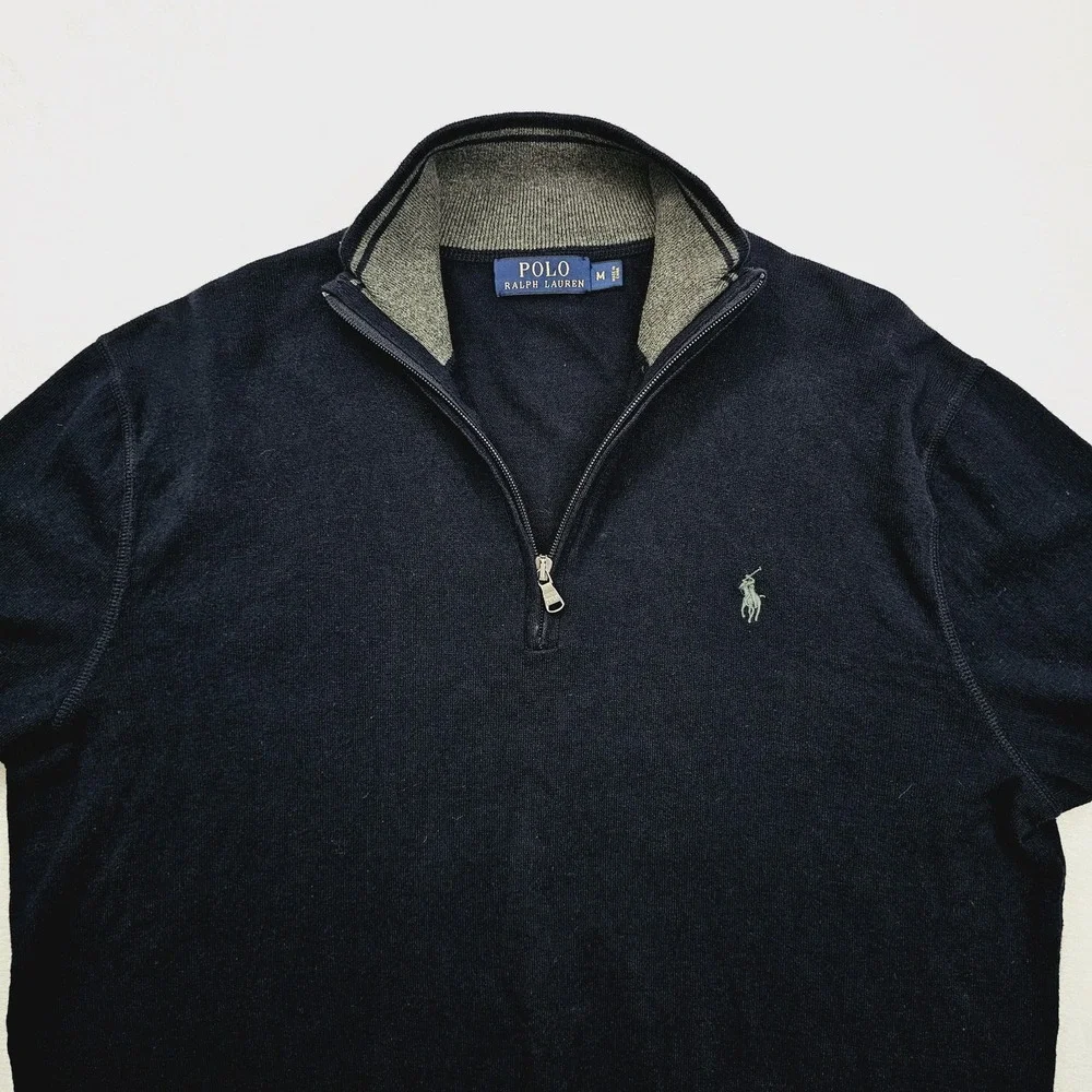 Polo Ralph Lauren Sweater Mens Medium Blue Navy‎ Quarter Zip Mock Neck Pony Logo